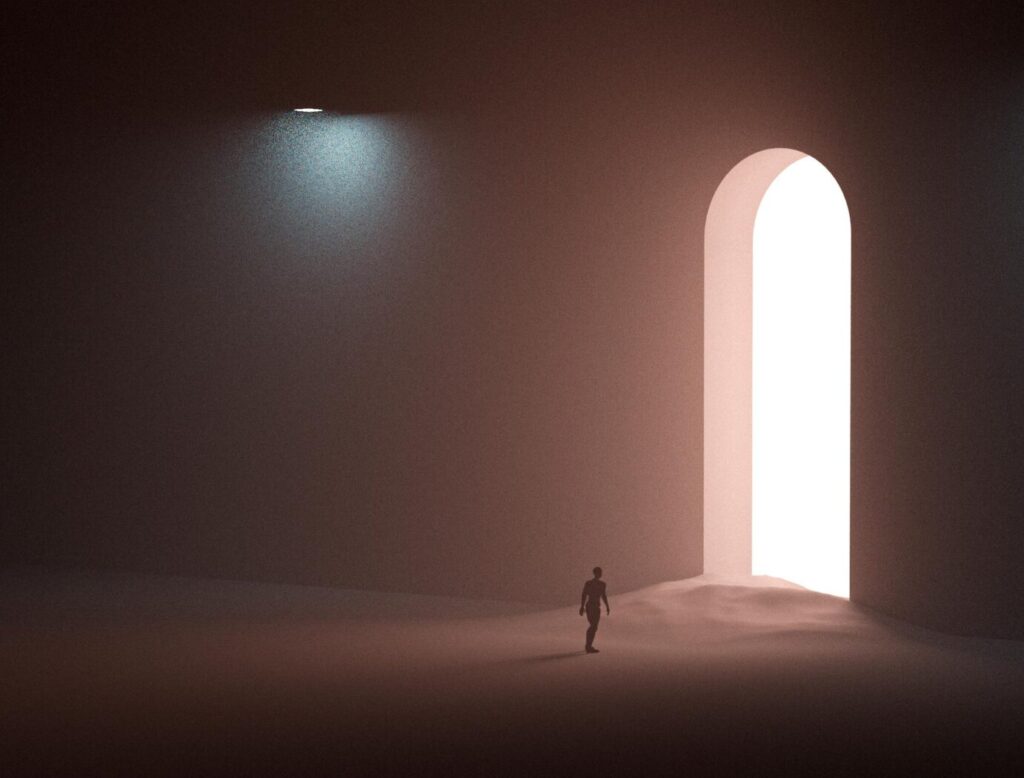 A surreal scene with a silhouetted man approaching a bright arched doorway in a dark room.